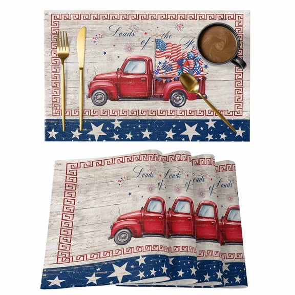 Placemats Set of 8, Independence Day Woven Placemat, Linen Place Mats for Kitchen/Dining Tables, 4th of July Red Truck Flag Wooden Washable Table Mats for Party