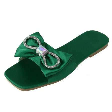 

Mackneog Ladies Summer Satin Fabric Rhinestone Bow Open Toe Flat Beach Sandals Gift on Clearance