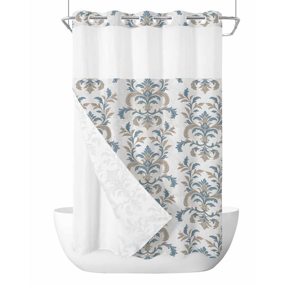 No Hook Shower Curtain with Snap in Liner Medieval Flowers Shower Curtain -Fabric Waterproof Inner Liner, Vintage Abstract Blue Brown Floral Shower Curtains Washable 54"x78"