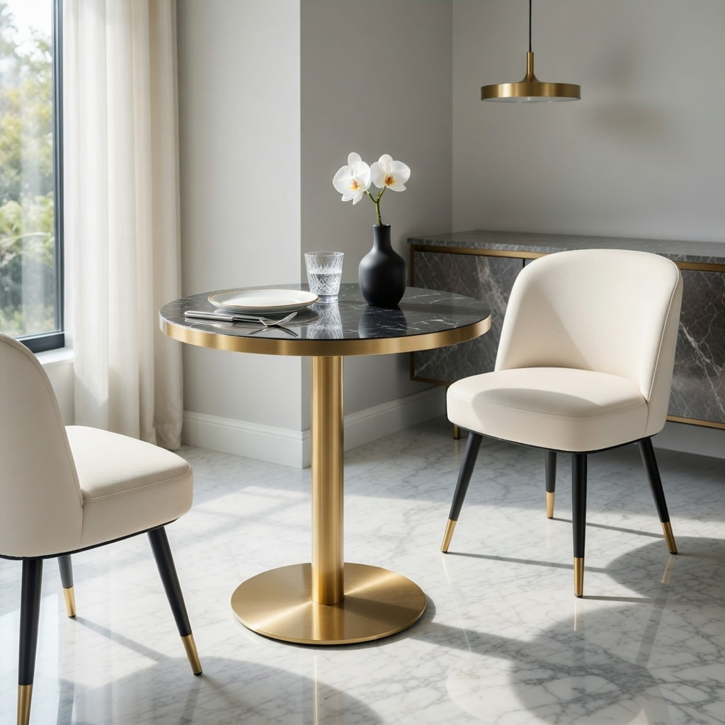Hommoo Modern Round Bistro Table 23.6", Faux Marble Top with Stainless Steel Edge Banding & Heavy-Duty Metal Pedestal Base, High-Gloss UV-Coated Accent Table, Black & Gold