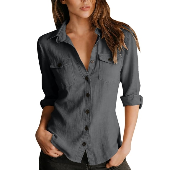 Admvng Women's Linen Tops Button-Down Shirt Roll-Up Sleeve Casual Blouse