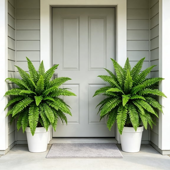 2-Piece Artificial Fern Plants Large Boston Fern, Fake Fern Bush In Pots Outdoors Decorative Plant Faux Fern Potted Plants for Home Garden Porch Farmhouse Office Decor