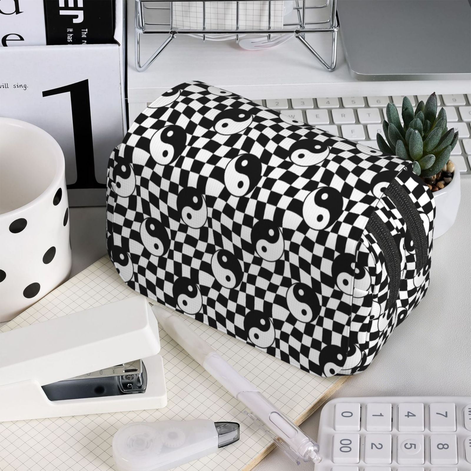 Rateoe Ying Yang Checkered Pattern Double Clamshell Pen Case, Storage Organizer with Two Zipper Compartments– Holds Up to 50 Pencils & Pens