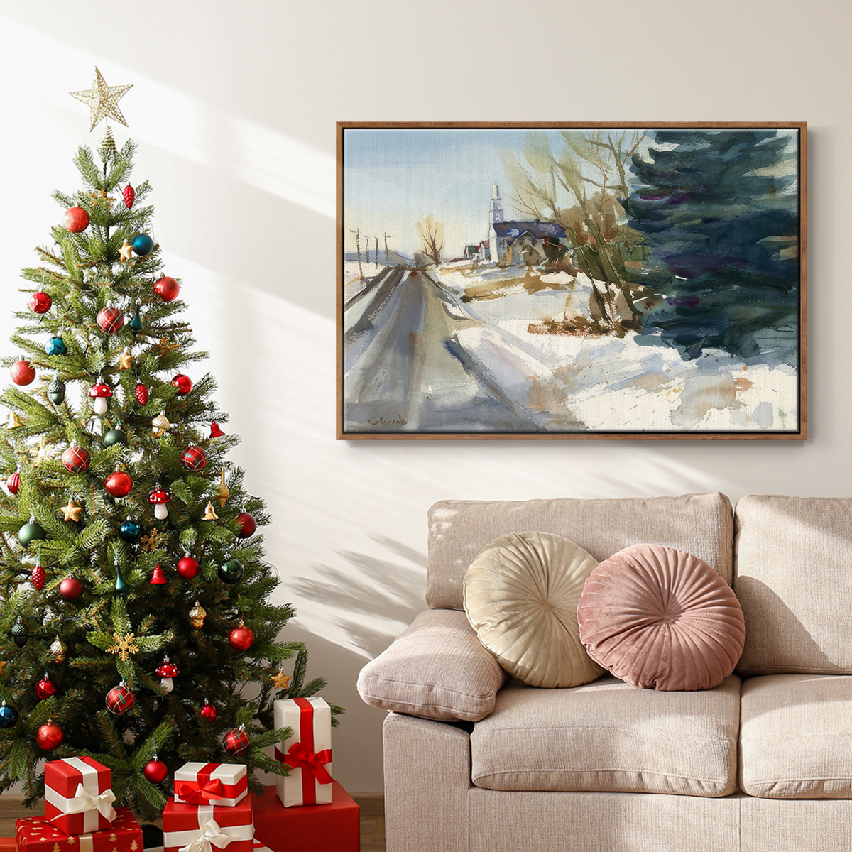 Congregational Church in Winter - Framed Gallery Wrapped Holiday Canvas - 27 x 41 - Rosewood Frame