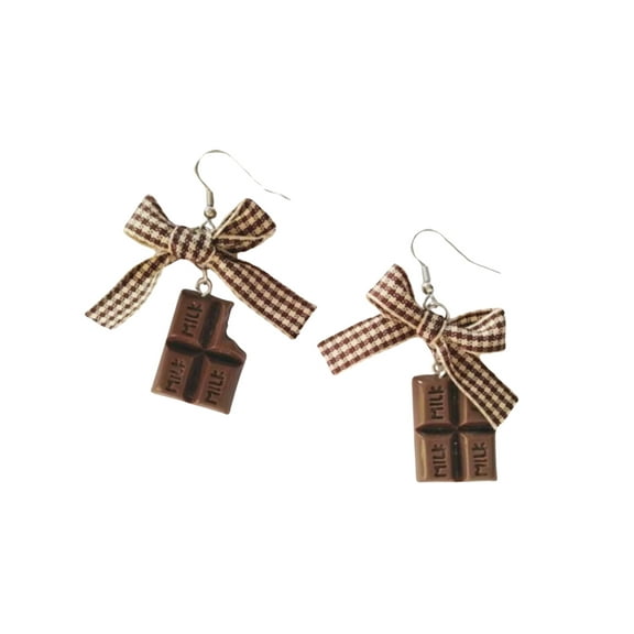 Chocolate Bar With Gingham Bow Drop Earrings