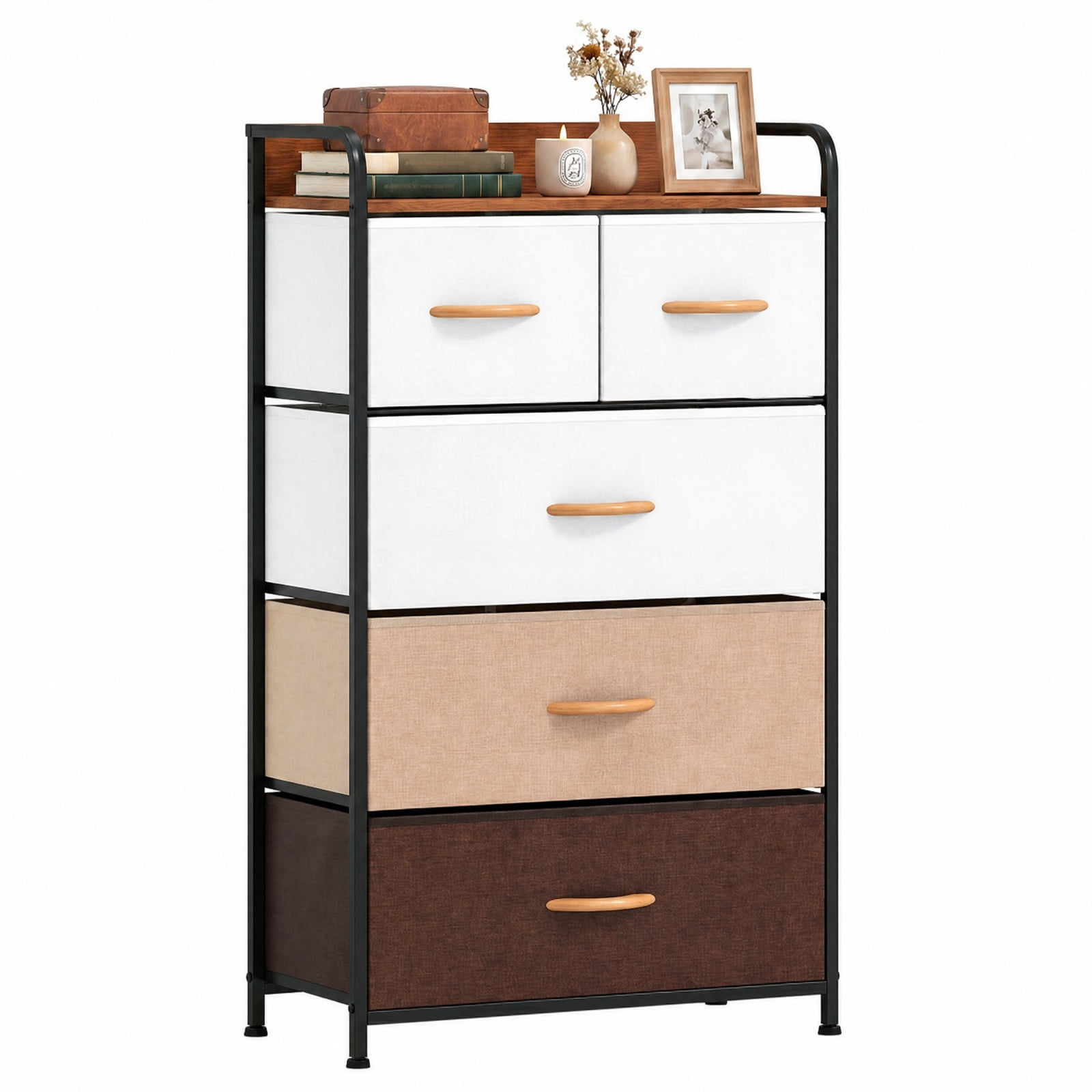 Furnibear 5 Drawer Tall Fabric Dresser Nightstand with Removable Bins and Anti Tip Kit for Bedroom Closet Entryway, Multicolor