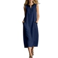 thumbnail image 3 of Cotton Midi Dresses for Women Sleeveless Collared V Neck Dress Button Up Colorblock Summer Vacation Sundress with Pockets Navy,L, 3 of 7
