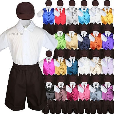 

Baby Boys Toddler Formal Vest Shorts Suit Satin Vest Necktie 5pc Brown Set S-4T
