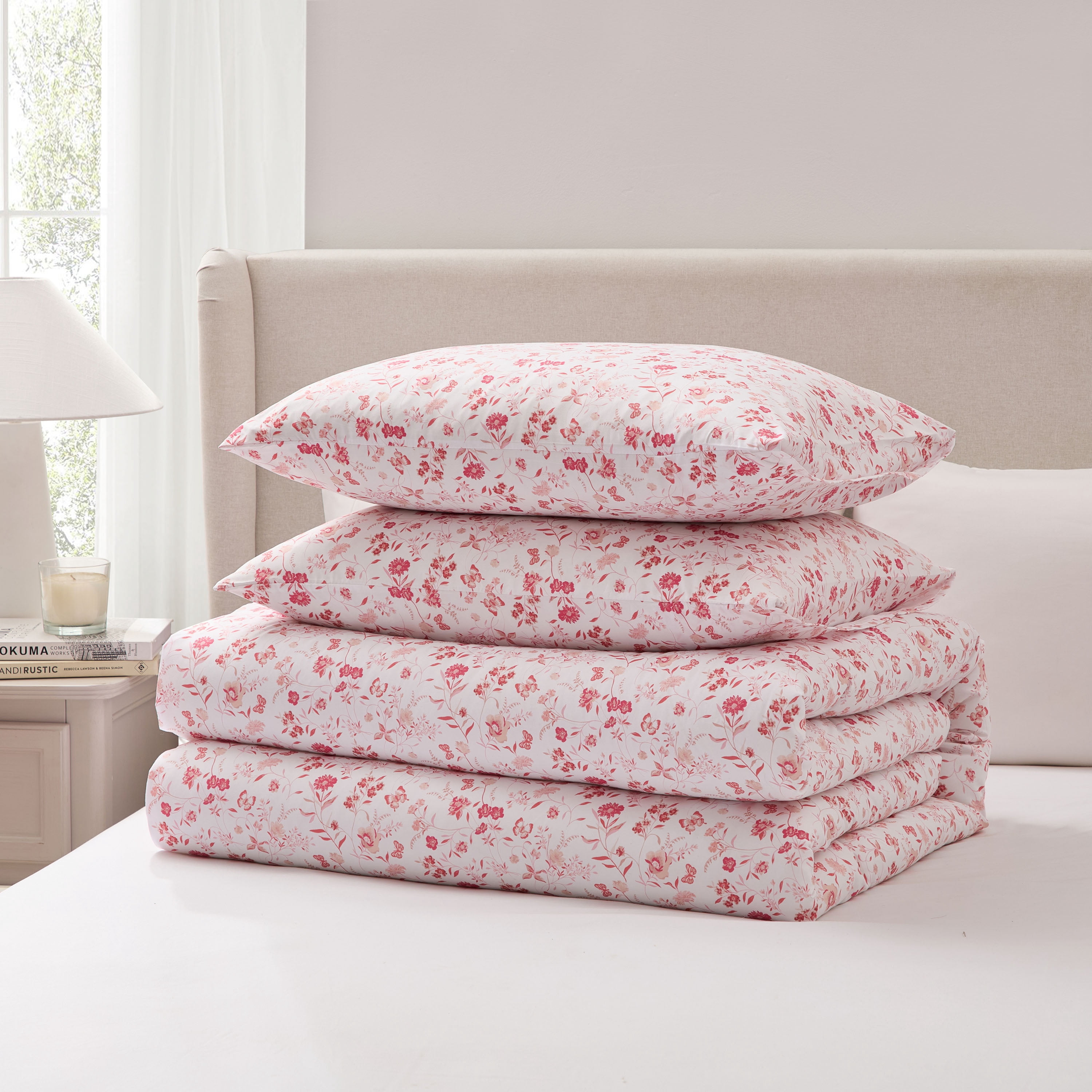 LammaLoe King Size Comforter Sets, 3 Piece Floral Bedding Comforter Set with Sheets, Bed in a Bag, Pink