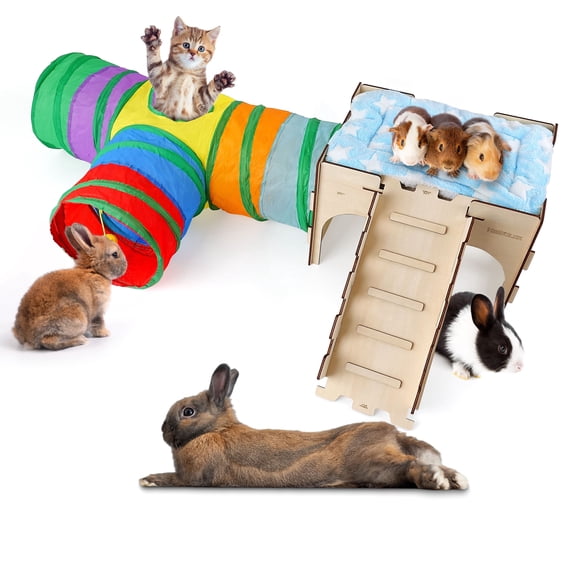 HIIMALEX Castle&Tunnel&Bed 3-in-1 Bunny's Gift Box: Extra Large Wooden Bunny Hideout with Ramp, Collasiple Tunnel and Soft Bed for Rabbit Guinea Pig Ferret Gerbil Hedgehog to Play Hide and Rest