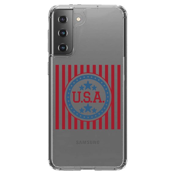 DistinctInk Clear Shockproof Hybrid Case for Galaxy S21  PLUS 5G (6.7" Screen) - TPU Bumper Acrylic Back Tempered Glass Screen Protector - USA Banner Flag Red White & Blue