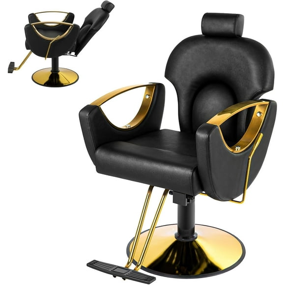 Barber Salon Chair, Reclining Salon Chair with Heavy Duty Hydraulic Pump, 360° Swivel and Height Adjustable, 330 Lbs Capacity Spa Beauty Equipment Hairdresser Armchair for Barbershop- Black & Gold
