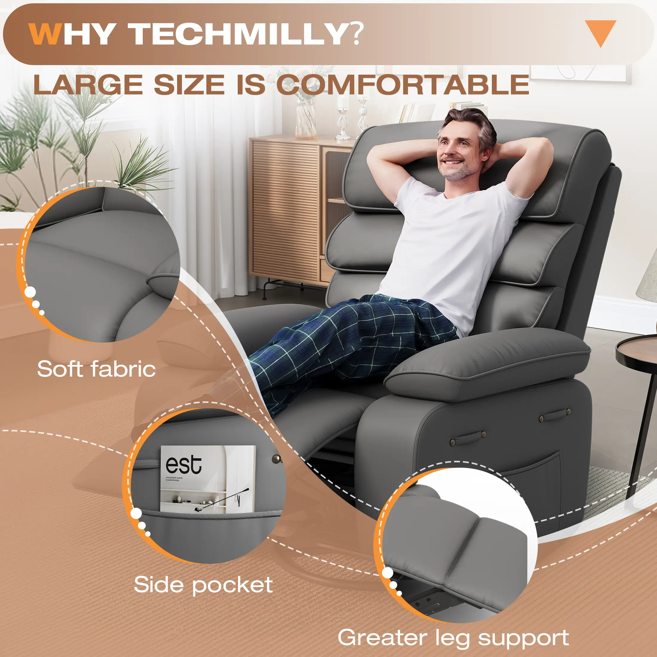 Techmilly Oversized Swivel Rocker  Recliner Chair with Heat and Massage, Adjustable Recline for Living Room,PU Leather (Dark Grey 35" Seat Width)