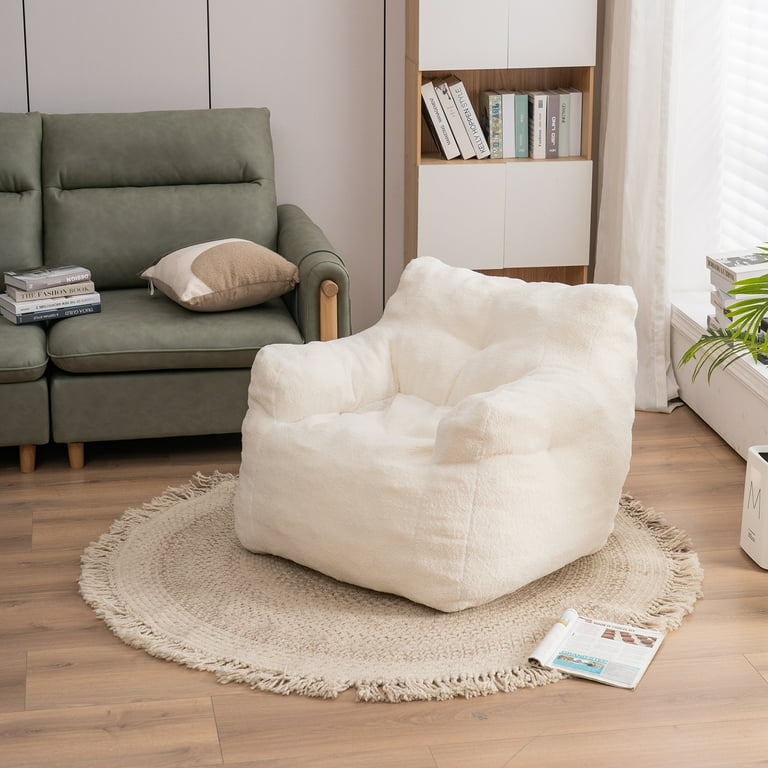 Soft Tufted Foam Bean Bag Chair With Teddy Fabric, Ergonomic