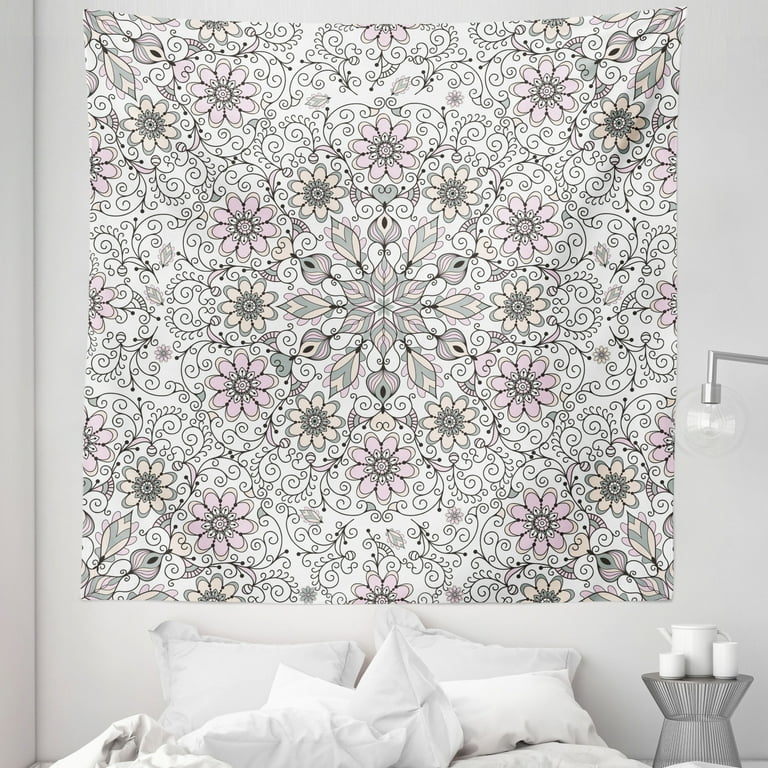 Ethnic Tapestry Vintage Abstract Flower Swirls Leaves Doily Style Pastel Fabric Wall Hanging Decor for Bedroom Living Room Dorm 5 Sizes Pale Pink