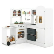 OLAKIDS Corner Kids Kitchen, Wooden Pretend Playset with Telescopic Cart Realistic Lights Sounds Ice Maker Fabric Drawers Microwave Oven, Toddler Cooking Toy Gift for Boys Girls Aged 3+