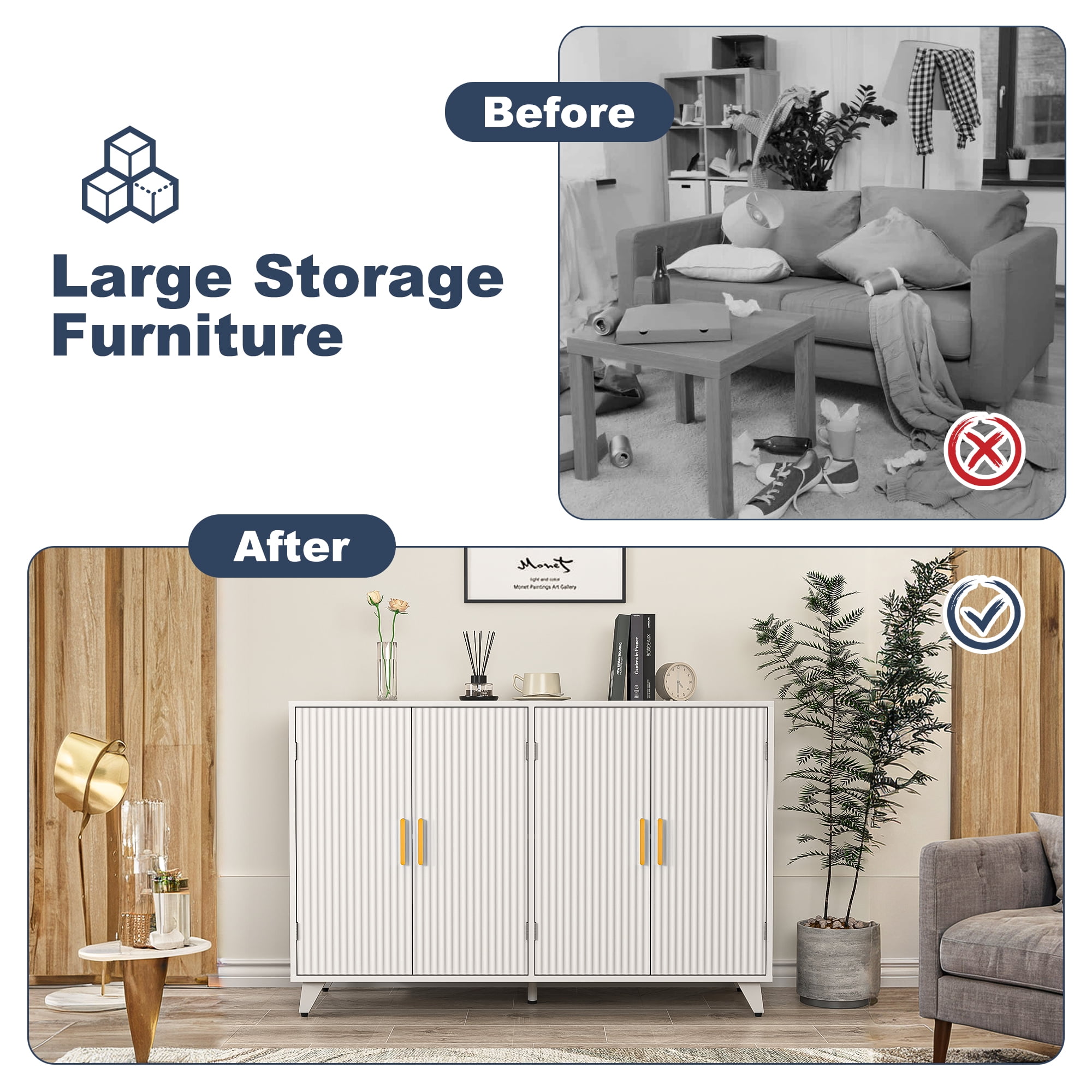 Finihen Sideboard Buffet Cabinet, Storage Cabinet with 4 Doors, for Dining Room, Living Room, Hallway, Entryway, White