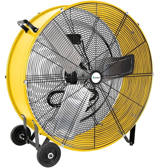 Achazel 30 Inch Industrial Drum Fan, 2-Speed Heavy Duty 1300 CFM Air Circulation High Velocity Floor Fan for Warehouse Workshops Garage Cooling Yellow