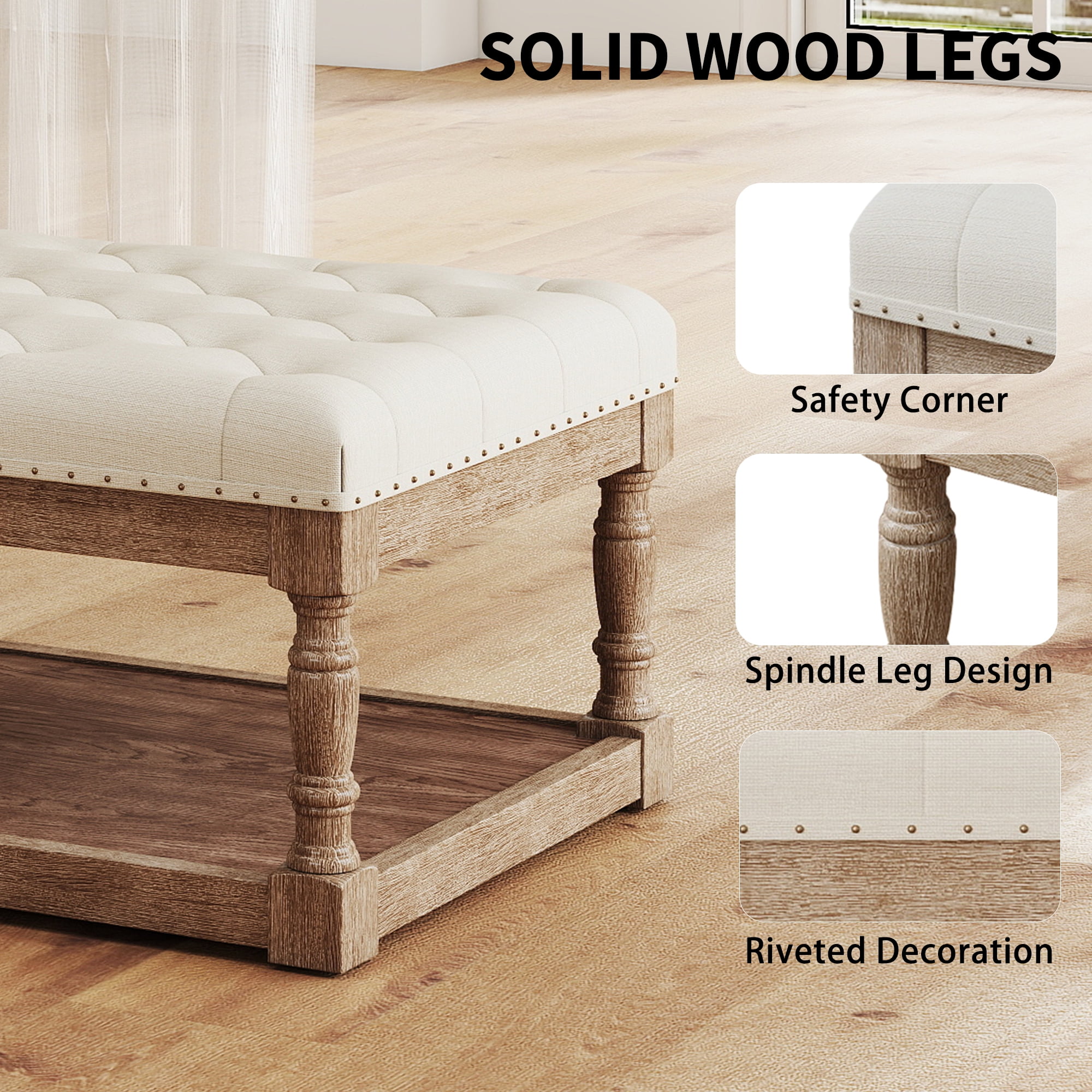 Rectangular Upholstered Tufted Linen Fabric Ottoman Bench,Padded Bench with Solid Wood Shelf-Linen,Comes with Storage,Coffee Table,Tufted Living Room Design