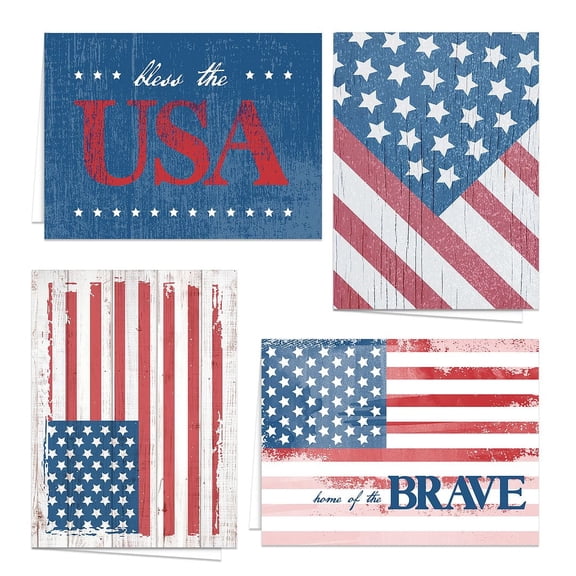 Patriotic Blank All Occasion Greeting Cards / 24 American Flag Note Cards With White Envelopes / USA Military 4 7/8" x 3 1/2" Cards / Made In The USA