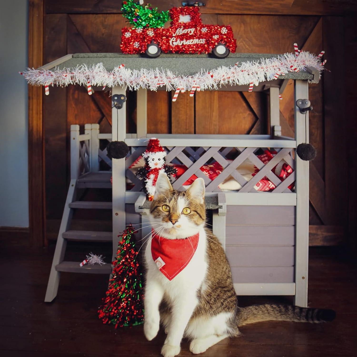 BUTINGLALE Cat House Outdoor Indoor Feral Cat Shelter Wooden Kitty House with Stairs, Balcony＆Weatherproof Roof