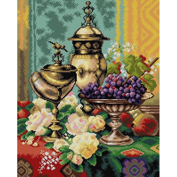 Needlepoint canvas for halfstitch without yarn after Jean Baptiste Robie - Still Life with Roses, Grapes and a Silver Inlaid Nautilus Shell 2867M