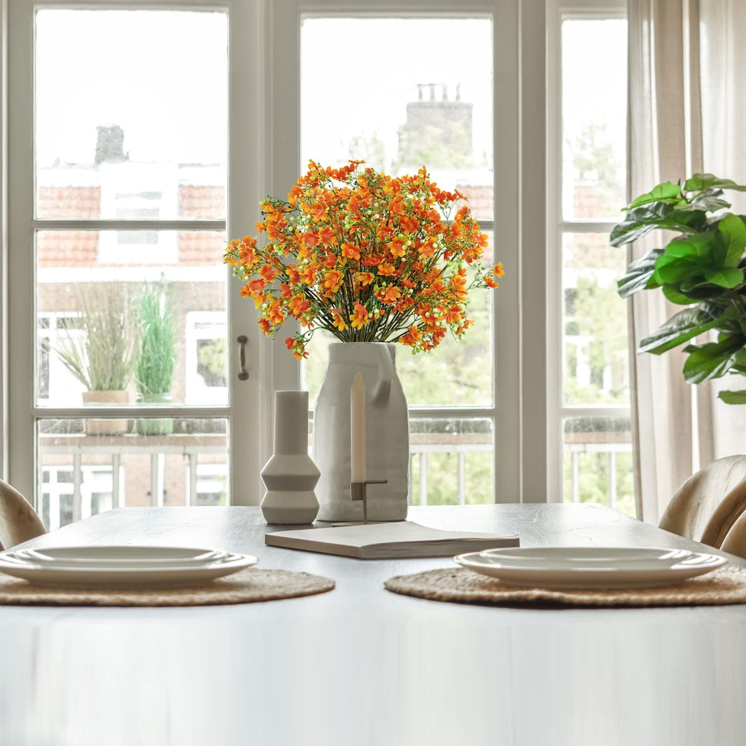 Silk Flowers with Long Stems Artificial Flower for Tall Vase Outdoors Fake Babys Breath Bouquet Faux Floral Wedding Party Decoration Home Indoor Table Centerpiece Decor (Orange)