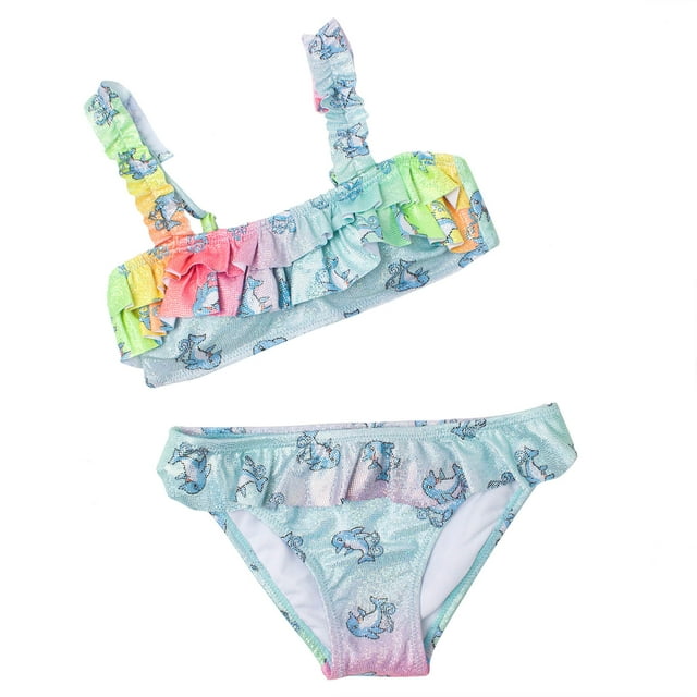 Traje De Baño Para Niñas Traje De Baño Para Niños Pequeños Sling Flower Dolphin Print Beach Ruffle Bikini Suit Blue Odeerbi LM103-3439