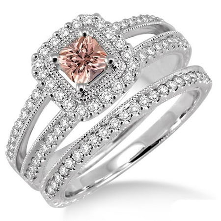 2 Carat Morganite  Diamond Antique Bridal set Halo Ring on 10k White Gold  Walmart.com
