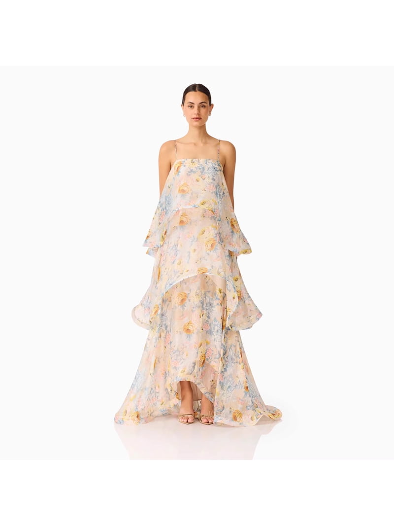 long dress with layers Funpear Women's strap fresh floral print and multi-layer cake design, Adult Unisex, Size: XL, Black cf-color-vintage-red