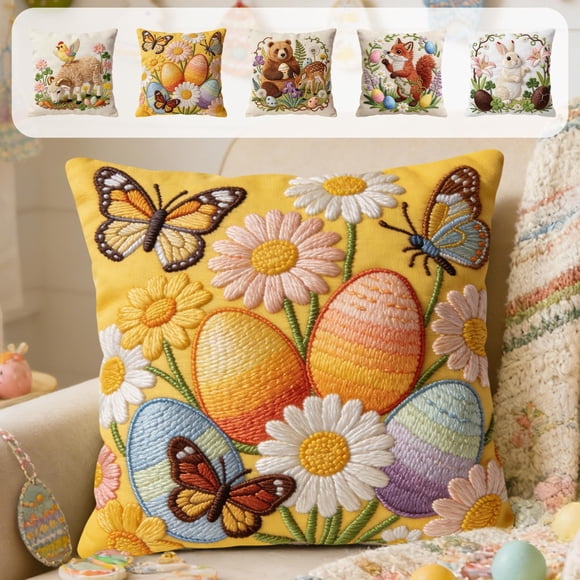 Uscallm 5Pcs Easter Decorative Throw Pillow Cover 18 Inch Short Lint Embroidery Pillowcase For Sofa Bedroom Living Room Home Decor Cushion Cover