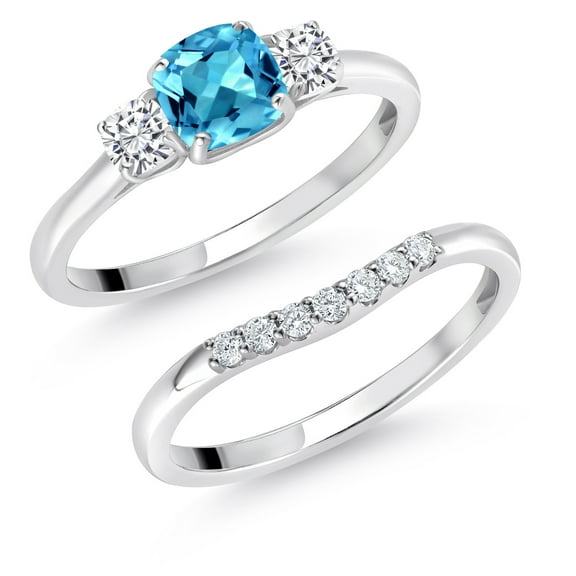 Gem Stone King 10K White Gold Swiss Blue Topaz White Moissanite and Lab Grown Diamond 3 Stone Bridal Engagement Wedding Ring Set for Women (0.99 Cttw, 5MM and 3MM Cushion, Sizes 5, 6, 7, 8, 9)