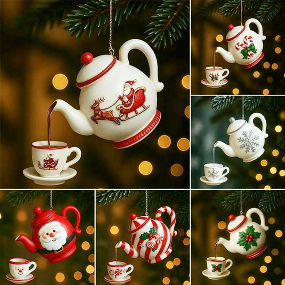 Dserhfy Christmas Teapot Ornament Holly Vintage Tea Cups And Pot Set Xmas Tree Hanging Ornaments 2D Acrylic Teapot Decor with Pouring Tea Effect for Tree Decor