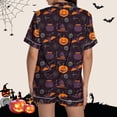 thumbnail image 4 of ZHENHONG Pajamas for Women, Halloween Graphic Printed Satin Cute Sleepwear Buttons Short Sleeve Tops Shorts Sets, Women's Sleepwear Purple, 4 of 5