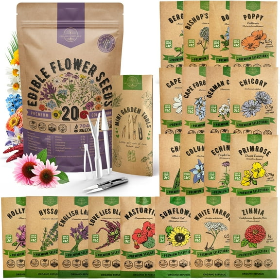 Organo Republic - 20 Edible Flower Seeds Varieties - 7,000  Non GMO Heirloom Garden Seeds