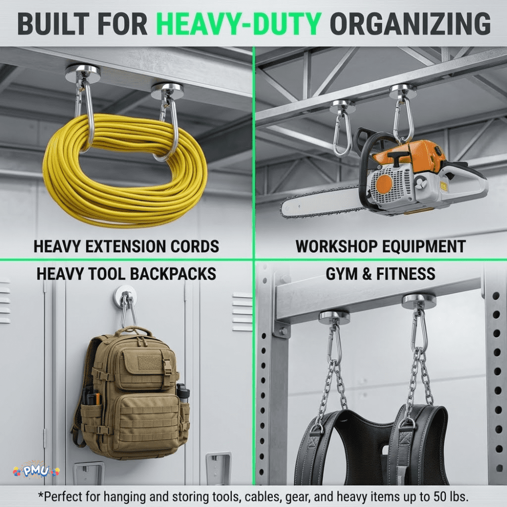 PMU 24 Pcs Strong Magnetic Hook with Swivel Carabiner Clip – Heavy Duty Magnet Hook Holds Up to 50 Lbs for Locker, Cruise Cabin, Home, Office, Refrigerator & Garage Use