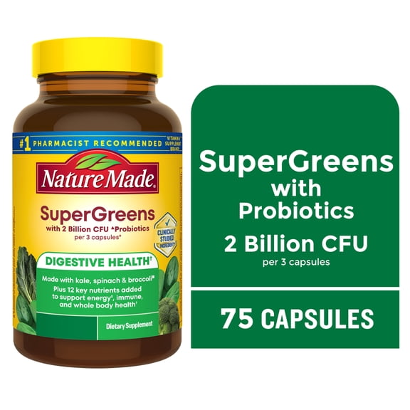 Nature Made Super Greens with Probiotics Capsules, Gut Health Support, 75 Count
