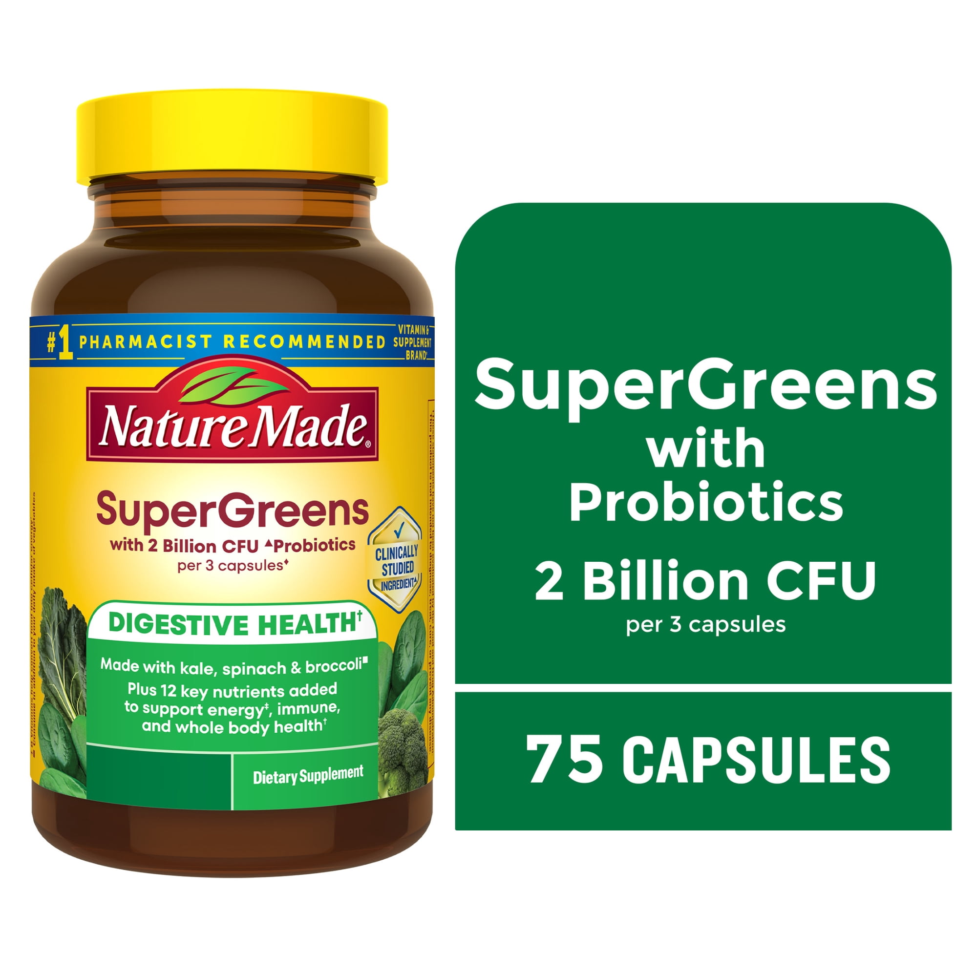 Nature Made Super Greens with Probiotics Capsules, Gut Health Support, 75 Count