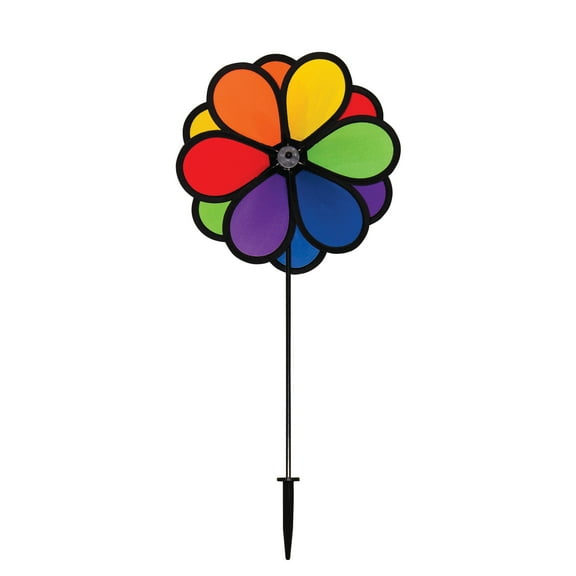 In The Breeze 2744 — Double Flower 10-inch Ground Spinner — Colorful Rainbow Wind Spinner for Yards and Gardens