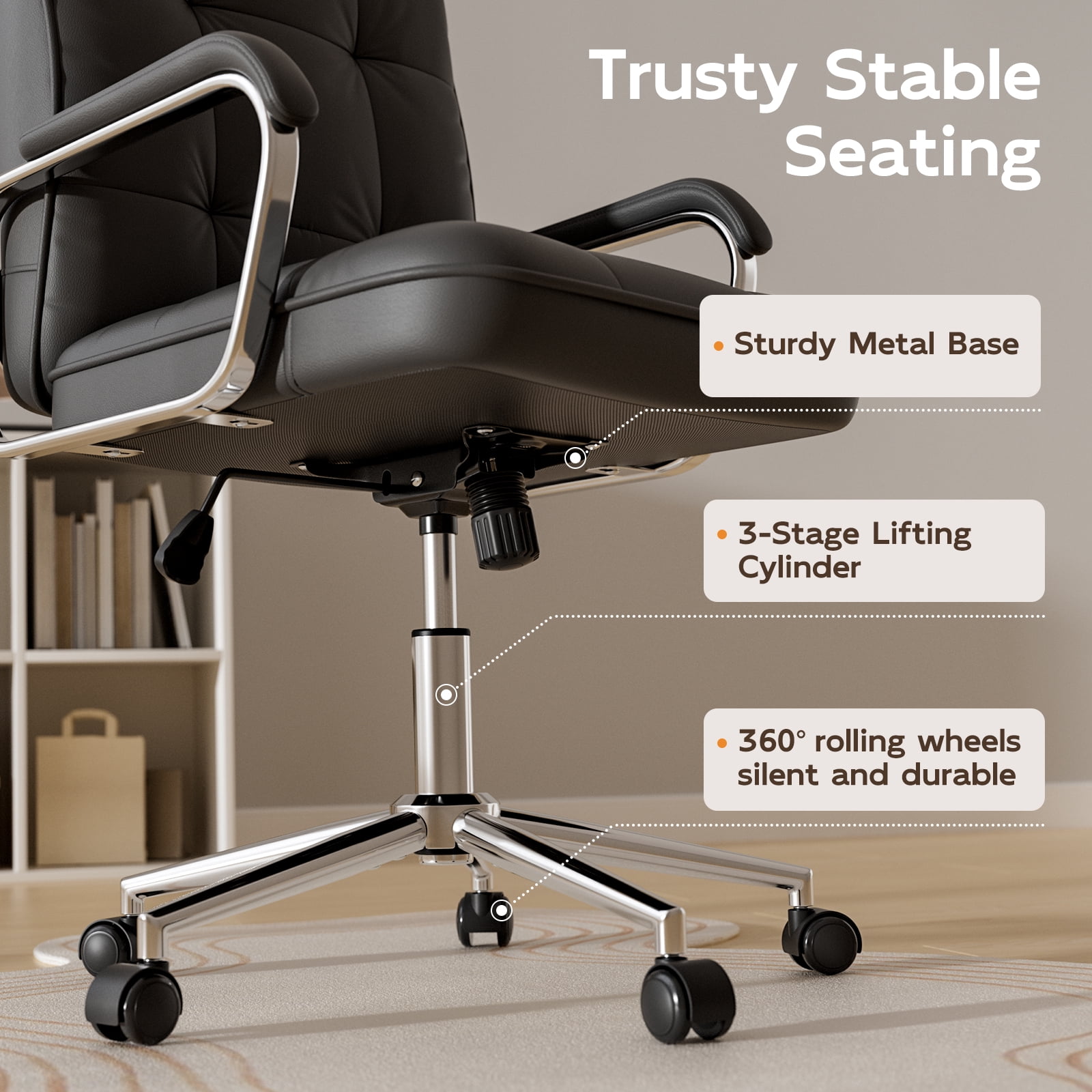 Ninecer Ergonomic Office Chair with Wheels, 360° Swivel Desk Chair with Rocking Function, PU Leather Computer Chair for Home Office, Study,, Beige