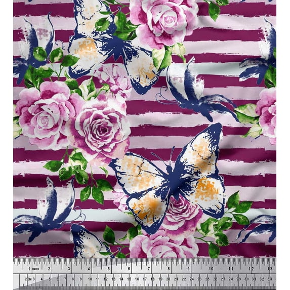 Soimoi Cotton Poplin Fabric Stripe,Butterfly & Rose Floral Print Fabric by Yard 42 Inch Wide