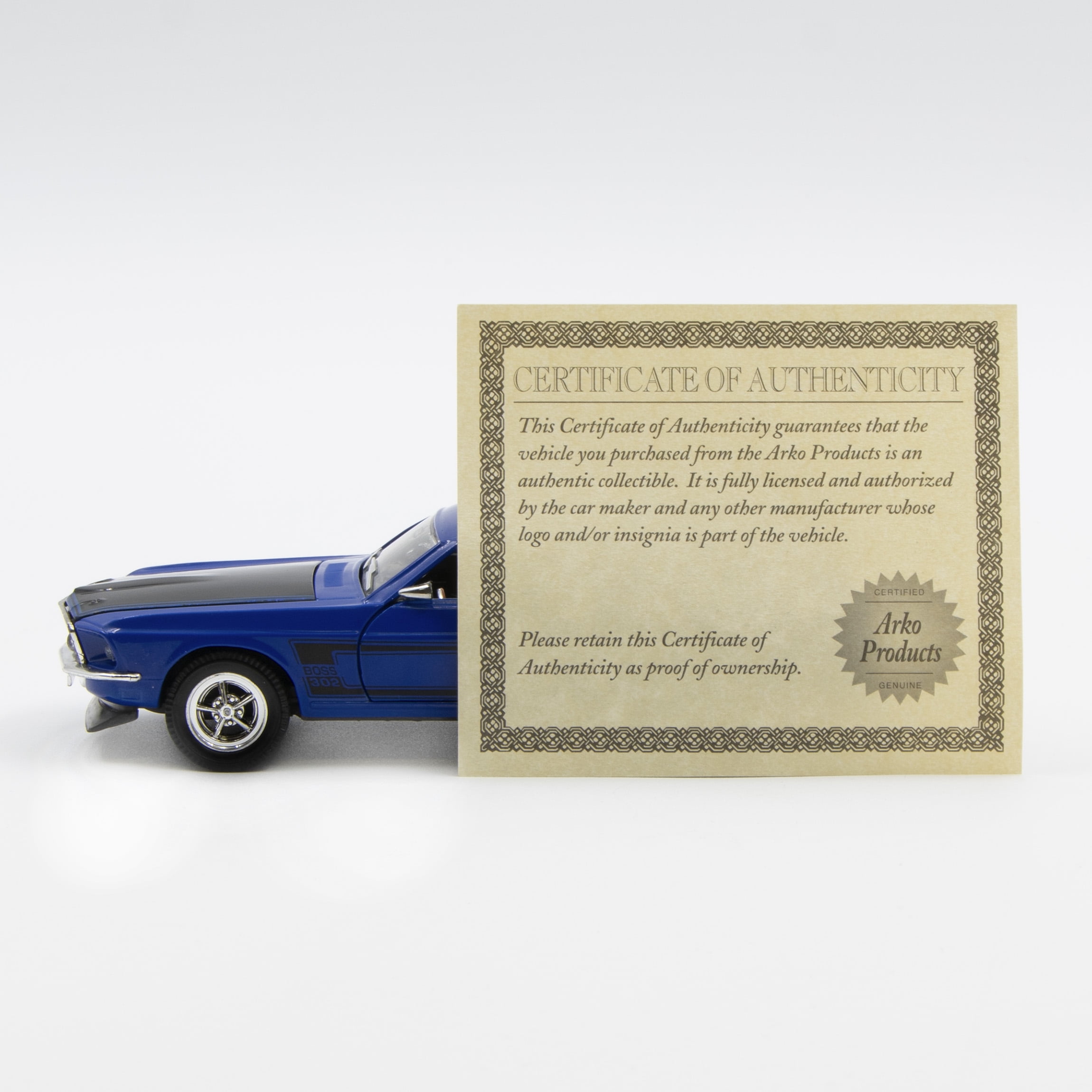 ARKO 1:32 Diecast 1969 Ford Mustang Boss 302 Fastback Hardtop in Blue and Black