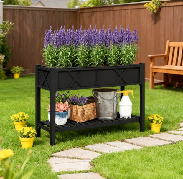 Elevated Wood Planter Box, Raised Garden Bed with Storage Shelf, Drainage Holes and Liner