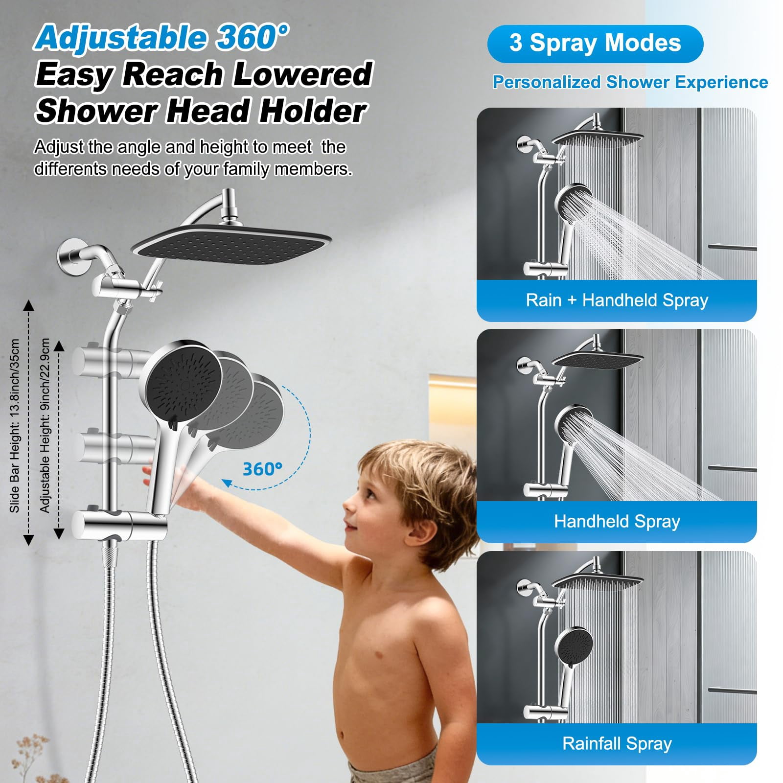10" Rain Shower Head With Handheld  High Boosting Rainfall Showerhead All Metal Adjustable Extension Arm Easy Reach Holder 5 Spray Modes Power Wash To Install Chrome