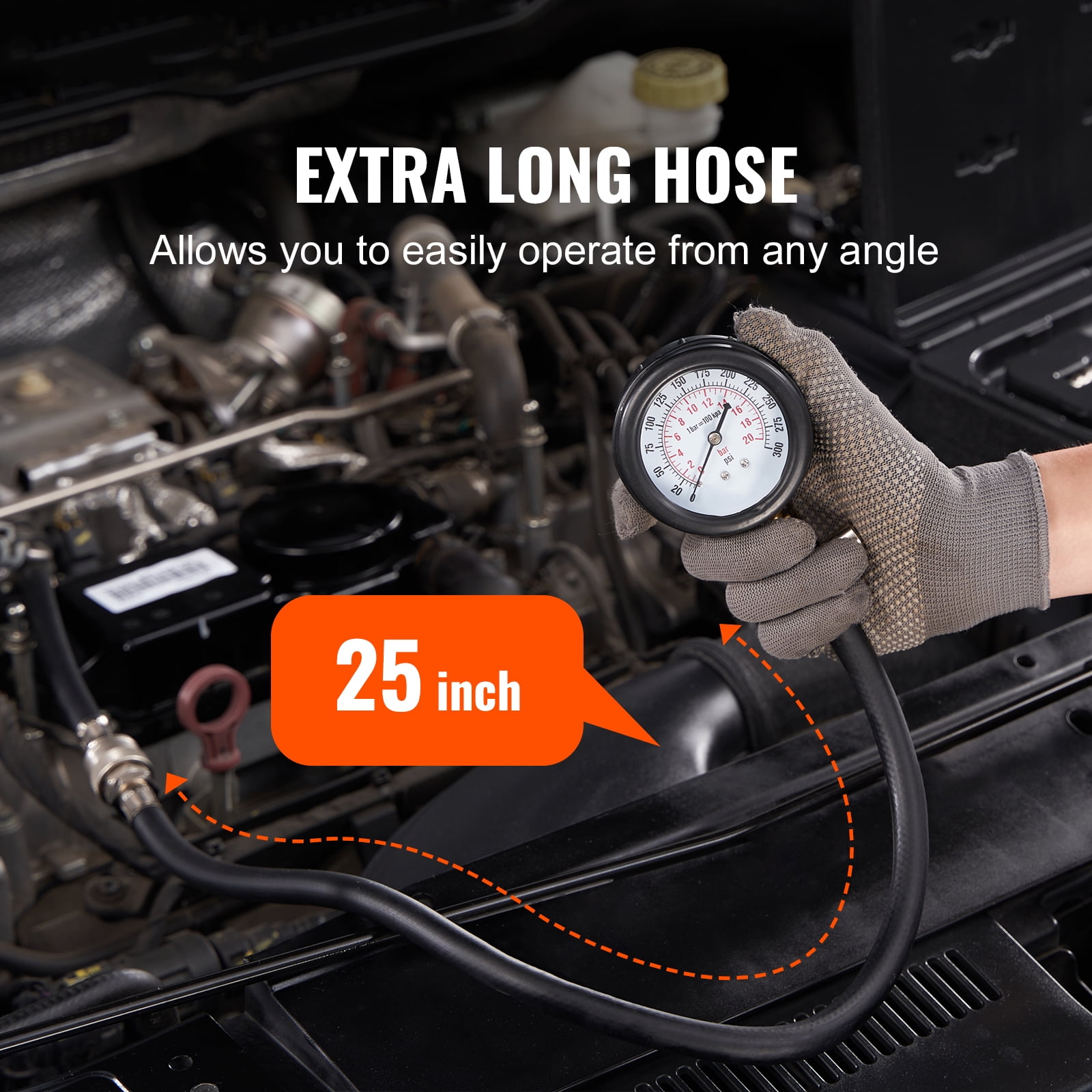 VEVOR Compression Tester Adapter Kit, 9 Pcs Automotive Engine Cylinder Leak Down Compression Test, Accurate Dual Scale Pressure Gauge 0-300 psi, with Long Reach Hoses and Case for Engine Cylinders