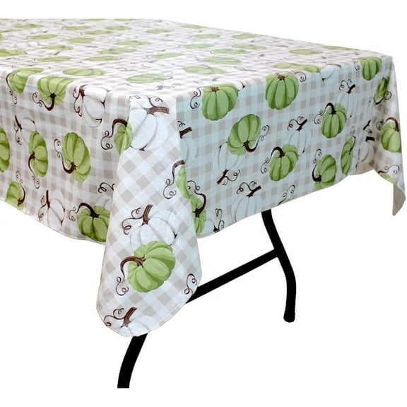 Serafina Home Farmhouse Fall Decor Vinyl Flannel Back Tablecloth: Country Harvest Green and White Pumpkin Gourds with Taupe Gingham Background (60" Diameter, Round)