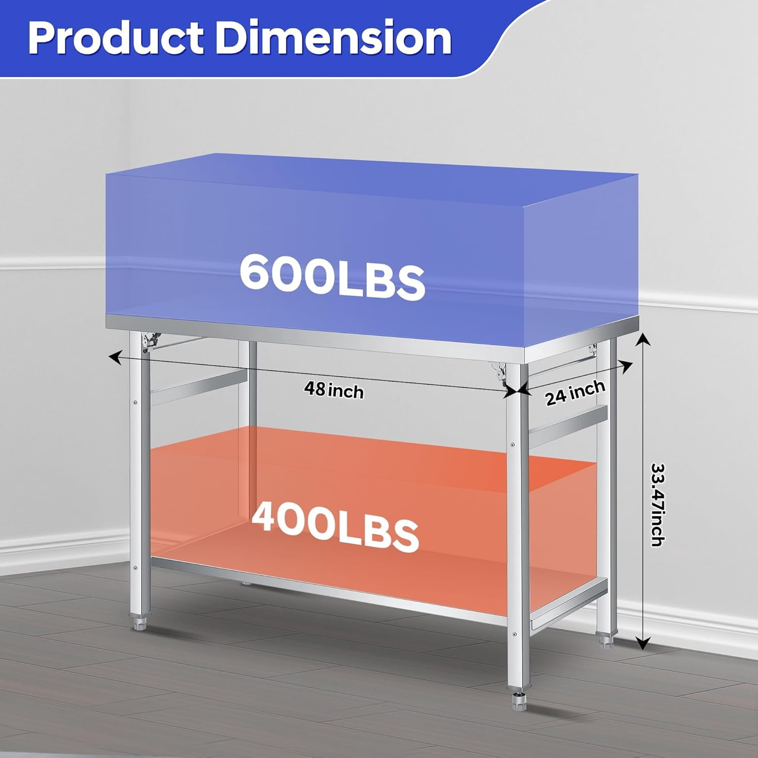 Stainless Steel Folding Table (48x24 in) - Commercial Work Table with Undershelf for Home, Kitchen, Restaurant, Garage, Camping, Outdoor, 920 LBS Load, Foldable Double-Tier Stainless Steel