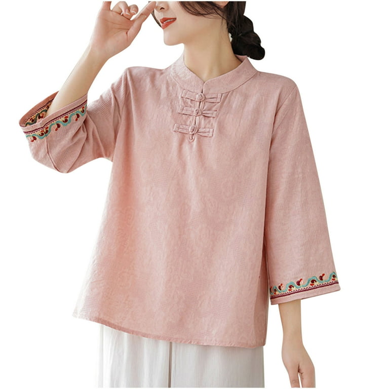 Nrmvnmi Women Summer Solid Color 3/4 Sleeve Chinese Blouse Nrmvnmi Women Summer Solid Color 3/4 Sleeve Chinese Blouse