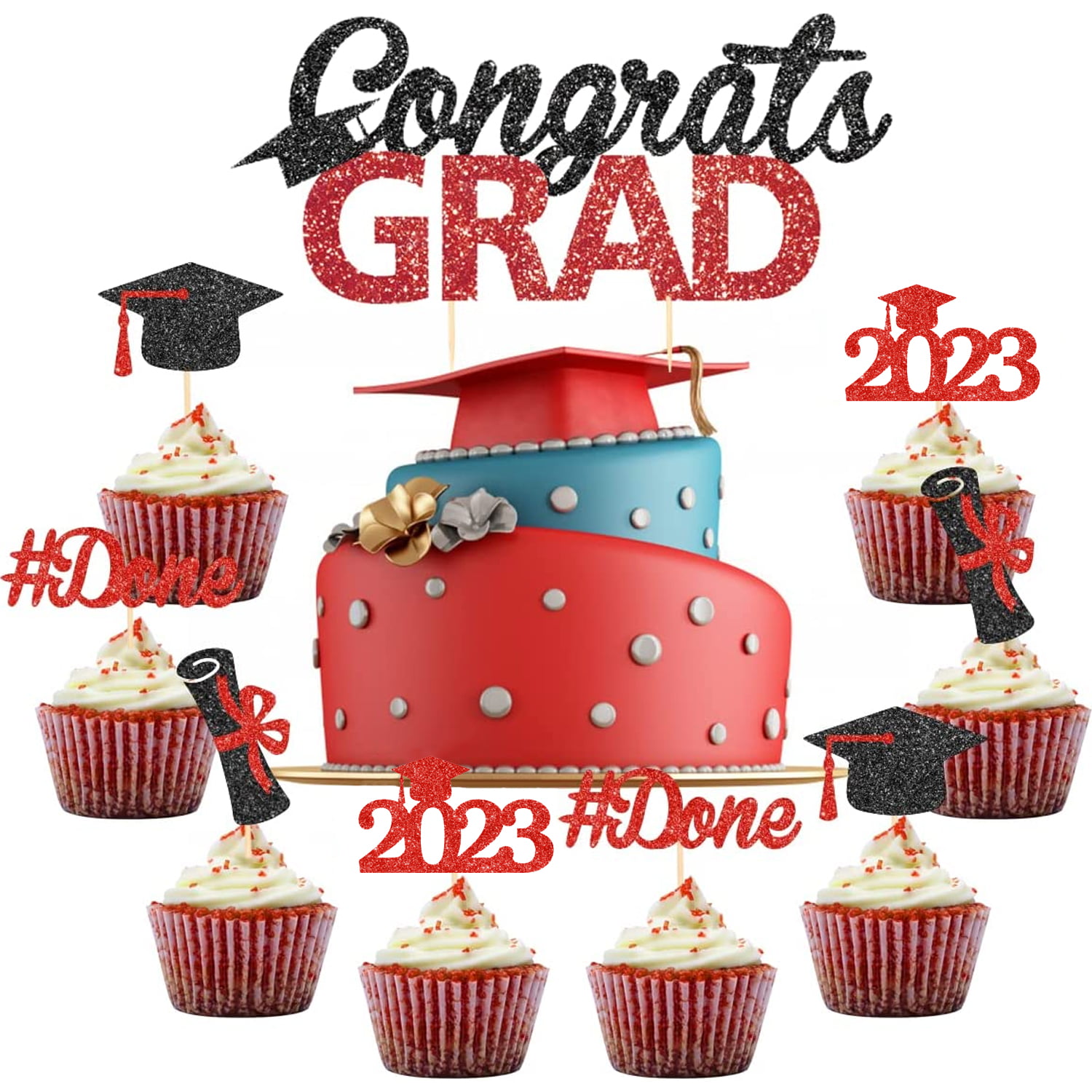 Graduation Cake Decorations 2024 Red Congrats Grad Cupcake Toppers ...