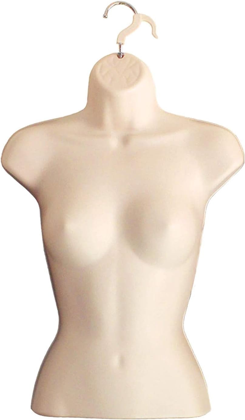 DisplayTown Flesh Male + Female Mannequin Hollow Back Body Torso Set w/ Metal Stand and Metal Pole & Hanging Hook, S-M Sizes